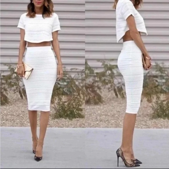 Torn by Ronny Kobo Pointelle Knit Bodycon Pencil Midi Skirt Ivory Size Medium - Picture 2 of 8